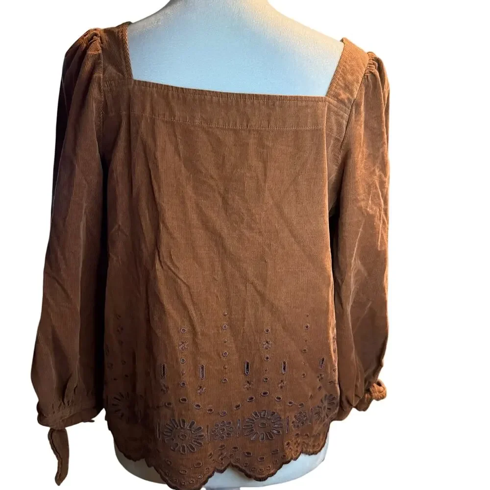 Madewell Embroidered Eyelet Corduroy Tie-Sleeve Top, Warm Coffee, Size Small